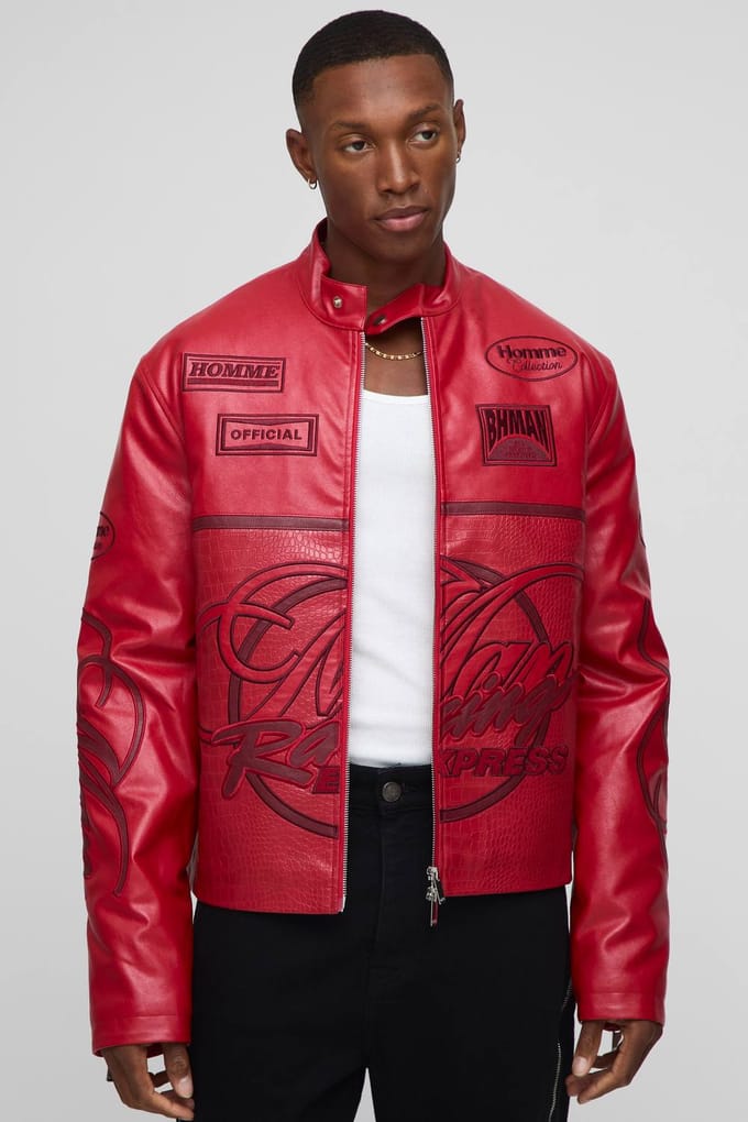 Regular Fit Men's Racing PU Biker Jacket | Red | Size Medium