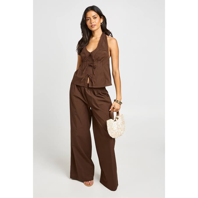 boohoo Dames Prairie Peplum Top En Broek Co-ord | Chocoladebruin | Maat: 34