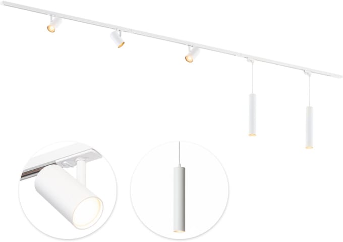 Qub Viror Railverlichting - Wit - 300 cm - I-Vorm - 3 Mesh spots & 2 Hanglampen - Dimbaar - Complete Set