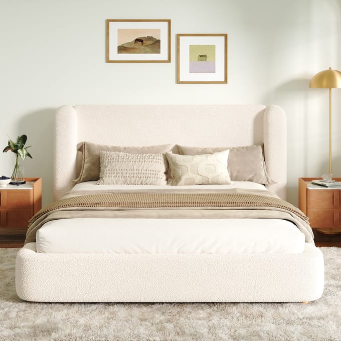 Gestoffeerd bed 160 x 200 cm - met bedbodem - hoofdeinde en opbergruimte - gestoffeerd hoofdeinde - beige - zonder matras