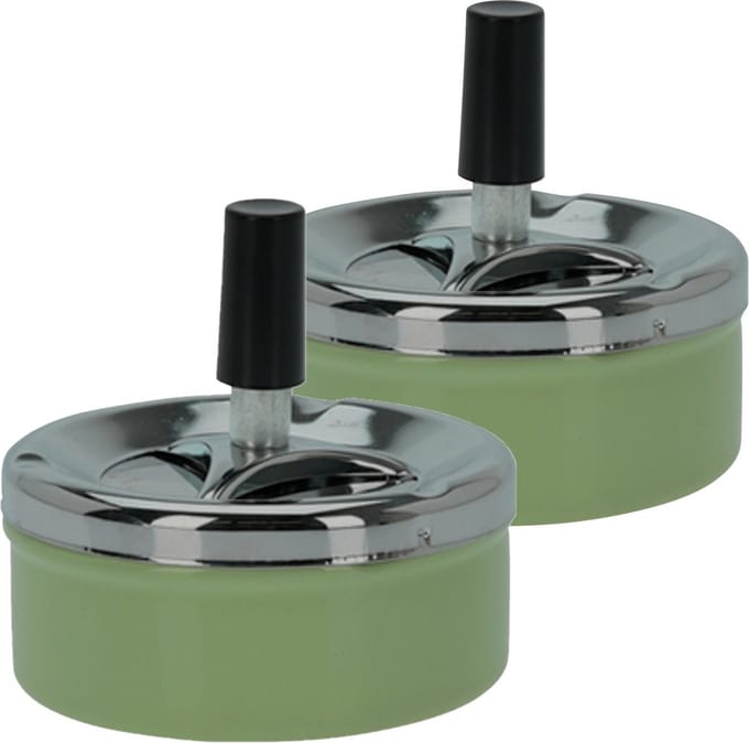 Set van 2x stuks druk en draai tafel asbak metaal groen en chrome 9 x 5 cm