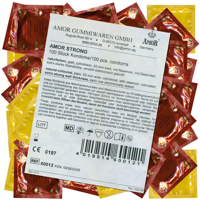AMOR Premium Strong condooms, Extra sterke wanddikte 0,08 mm, Ø 53 mm, 100 stuks