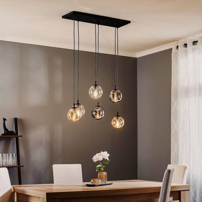 EMIBIG LIGHTING Hanglamp Glassy, 6-lamps, grafiet/amber/helder, glas, 75 cm