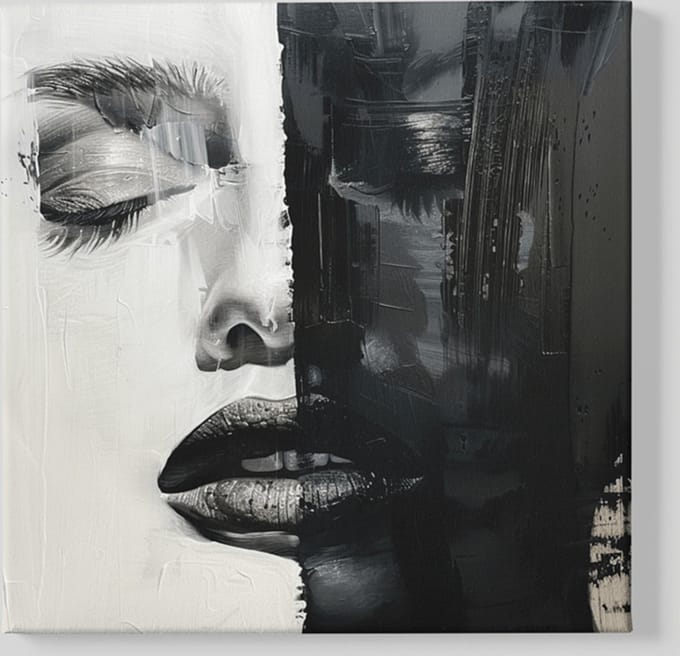 Vierkant Canvas Schilderij - Vrouw Gezicht - Zwart - Wit - 60x60x2 cm