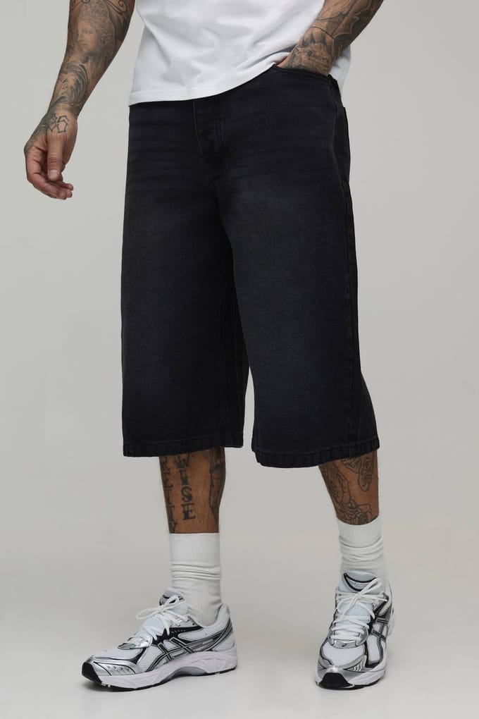 Tall Essential Longline Denim Jorts | Washed Black | Size 46