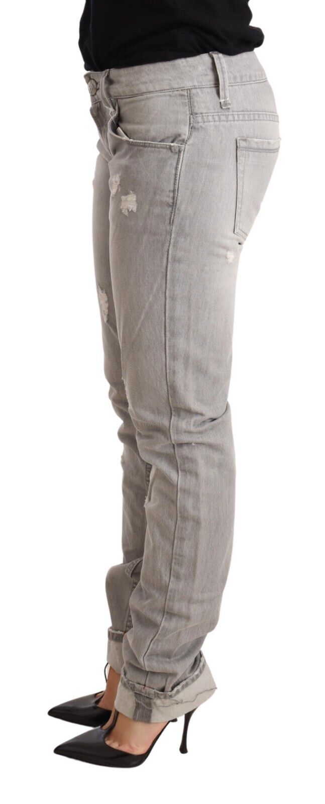 Acht Grijze Versleten Katoenen Slim Fit Jeans