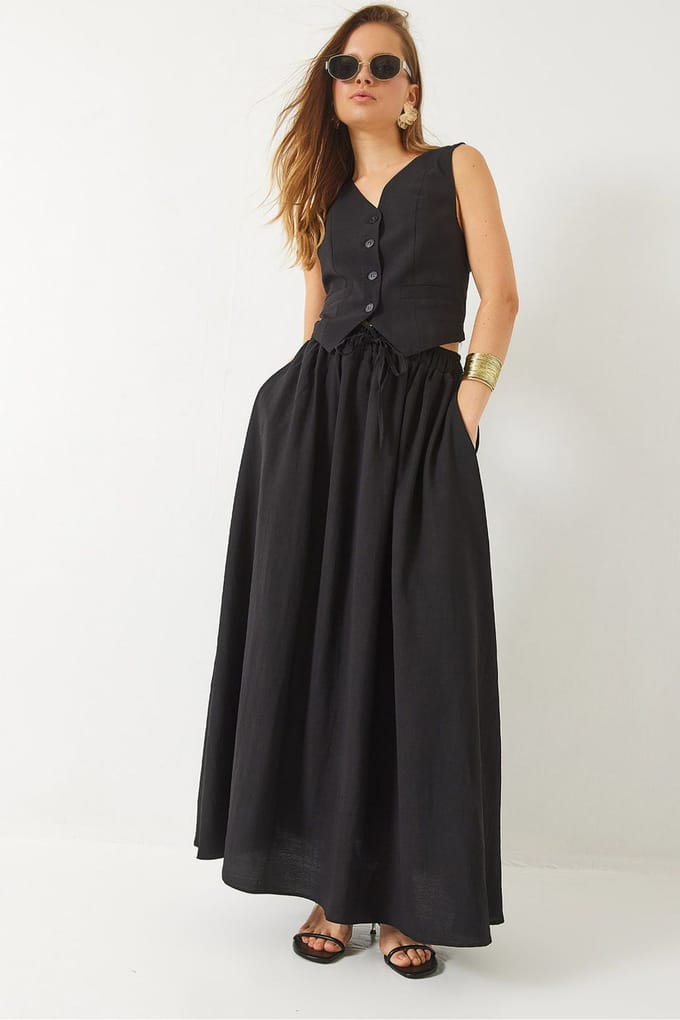 V-hals Vest en Maxi Rok Twee-Delige Set