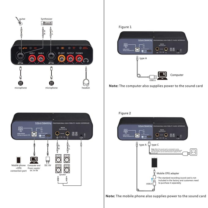 USB Audio Interface voor Opname Professionele Geluidskaart met Dubbele XLR 48V Fantoomvoeding 32-bit zwart