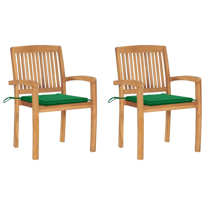 vidaXL - Tuinstoelen - 2 - st - met - groene - kussens - massief - teakhout