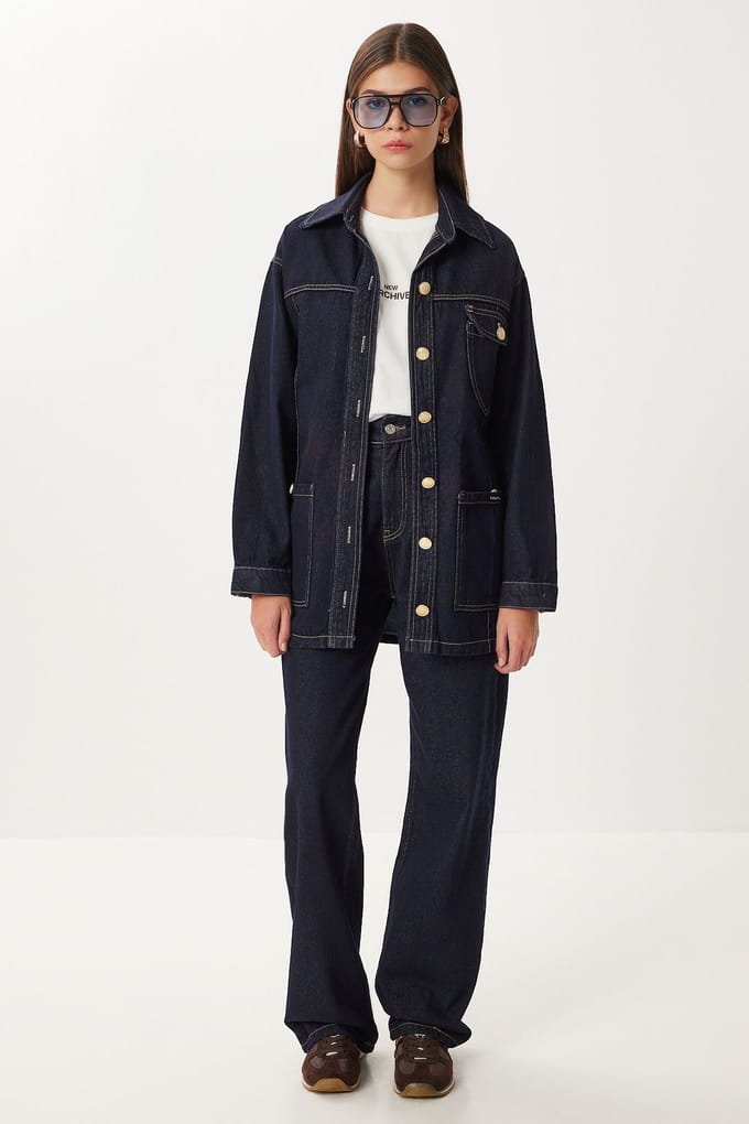 Gecoate Spijkerjack met Taille en Wijde Pantalon Twee-Delige Set