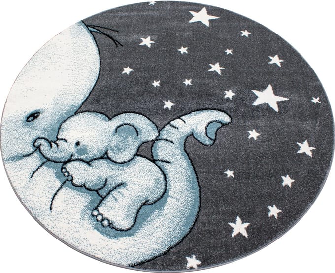 Vloerkleed Kinderkamer - Baby Olifant - blauw - rond 120 cm