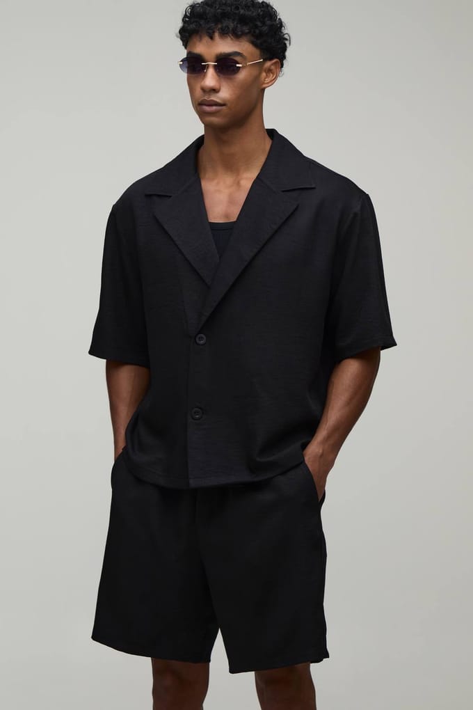 Wrap Linnen-look Shirt & Short Set | Black | Size Medium