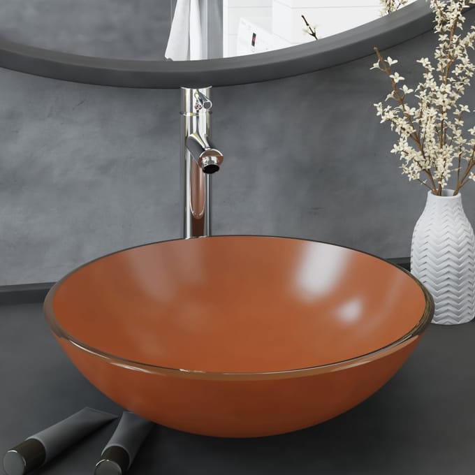 vidaXL - Wastafel - met - kraan - en - pop-up - afvoer - gehard - glas - bruin
