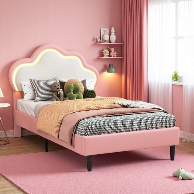 Eenpersoons Kunstleer Cloud Bed 90x200 cm – Bed met LED Licht & Comfortabel Gestoffeerd Hoofdbord