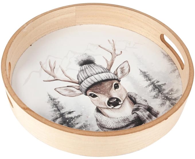 Dekoratief | Dienblad rond 'Winter Deer', naturel/wit, hout, 30x30x5cm | A255484