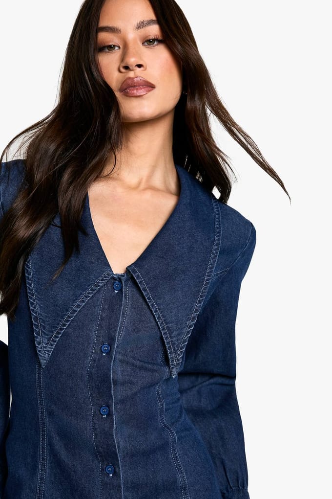 boohoo Dames Tall Collar Detail Denim Shift Dress | Blue | Maat: 6