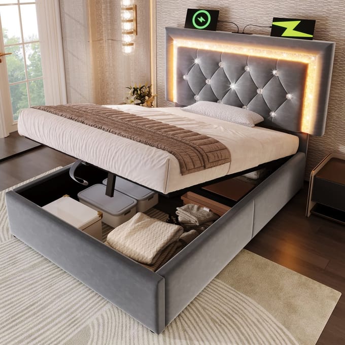 Sweiko Gestoffeerd bed - 90x200 cm - LED-verlichting - USB/Type-C - Opbergruimte - Grijs