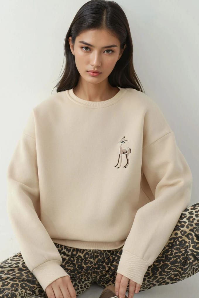 Comfort Dierenpatroon Geborduurde Verhoogde Ronde Hals Sweater