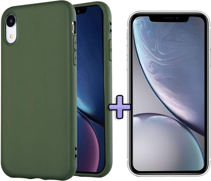 HB Hoesje Geschikt voor Apple iPhone XR - Siliconen Back Cover / Glazen Screenprotector - Groen
