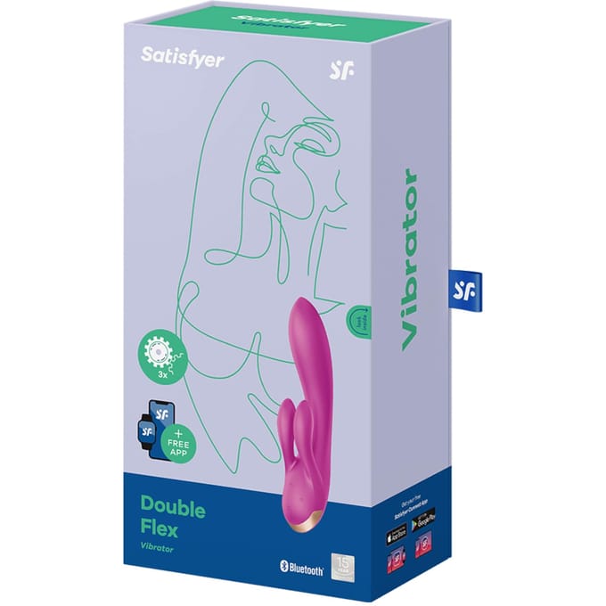 Satisfyer, vibrator, Bluetooth Rabbit, Double Flex, 20 cm, met app, 3 motoren, gemaakt van volledig siliconen, oplaadbaar, waterdicht