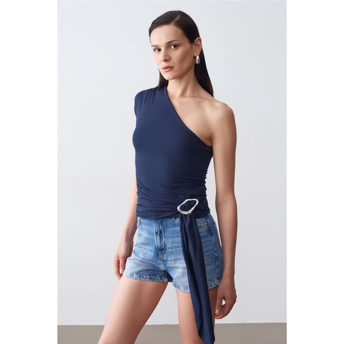 Slim Fit Off-Shoulder Jersey Blouse Met Strikdetail