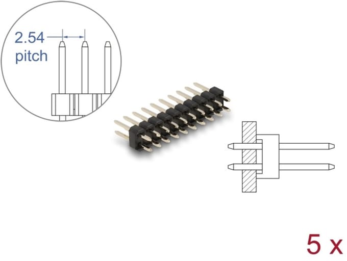 Delock Pin header 10 pin, pitch 2.54 mm, 2-row, straight, 5 pieces