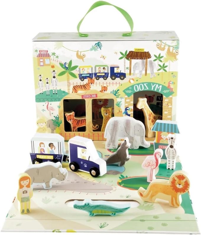 Speelbox Jungle - Draagbare Speeldoos - Creatief Spel - Inclusief Houten Figuren - 22x29x10cm - Geel