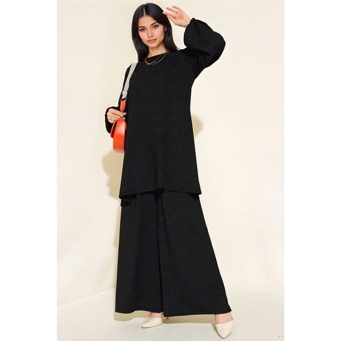 Textured Lange Mouwen Tuniek en Brede Pantalon Set