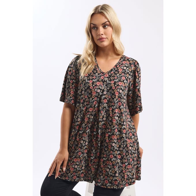 Yours Zwarte Bloemen Plooi Top Size 50-52