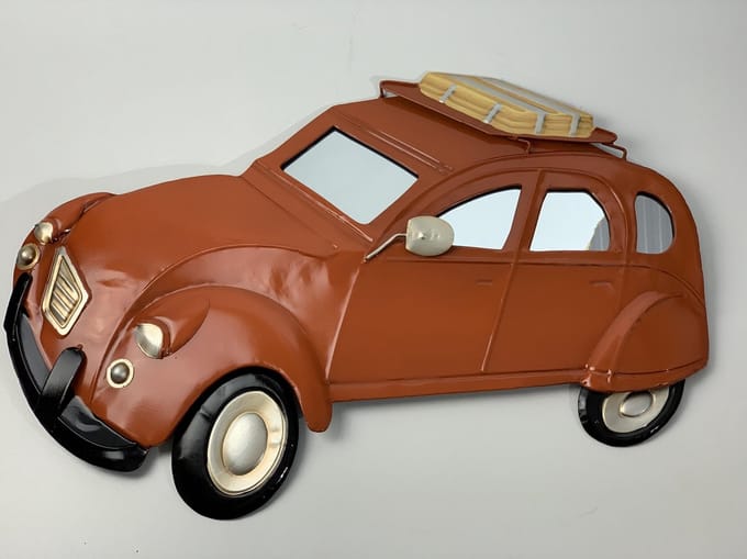Groot metalen wandbord retro car oranje in 3D