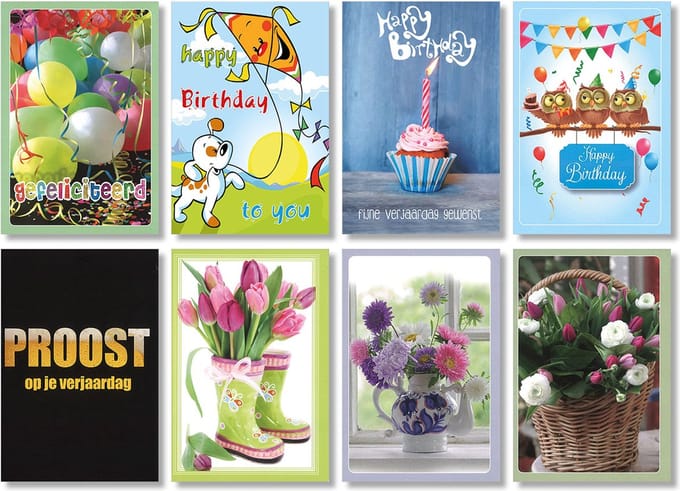 MGPcards - 8 Dubbele wenskaarten - Verjaardag - Blanco Bloemen - Gekleurde envelop - 11,5 x 17 cm