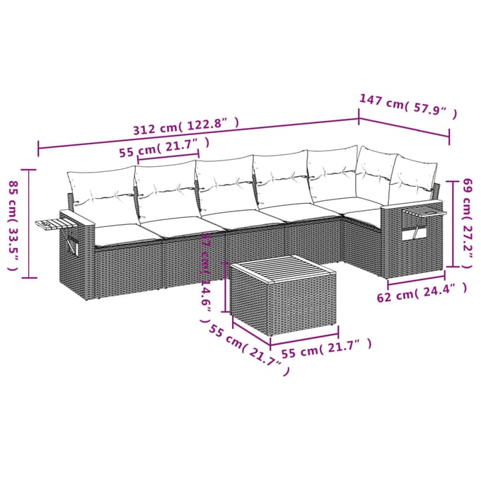 vidaXL - 7-delige - Loungeset - met - kussens - poly - rattan - beige