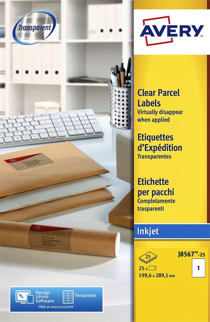 Avery printeretiketten Adresetiketten, Inkjet, Transparant, 25pcs.