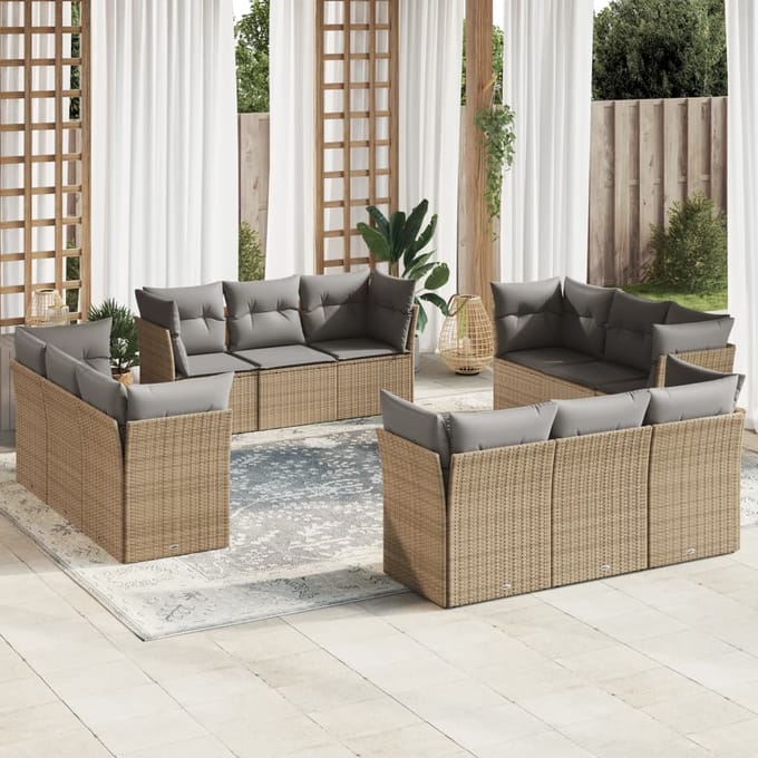 vidaXL - 12-delige - Loungeset - met - kussens - poly - rattan - beige