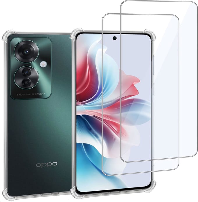 Geschikt voor OPPO Reno 11F - Hoesje + 2x Screenprotector – Gehard Glas Cover + Shock Proof Case – Transparant