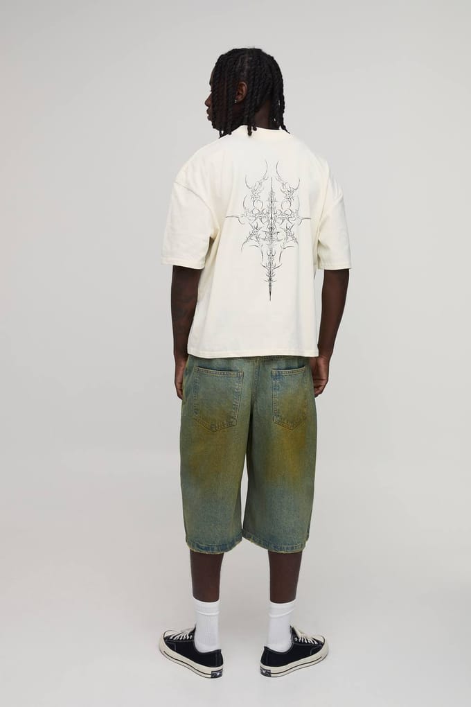 Longline Getinte Denim Jorts | Green | Size 36