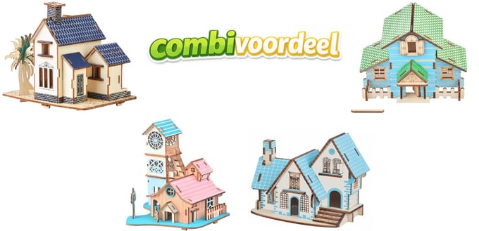 Combivoordeel bouwpakketten 3D puzzel huisjes van hout