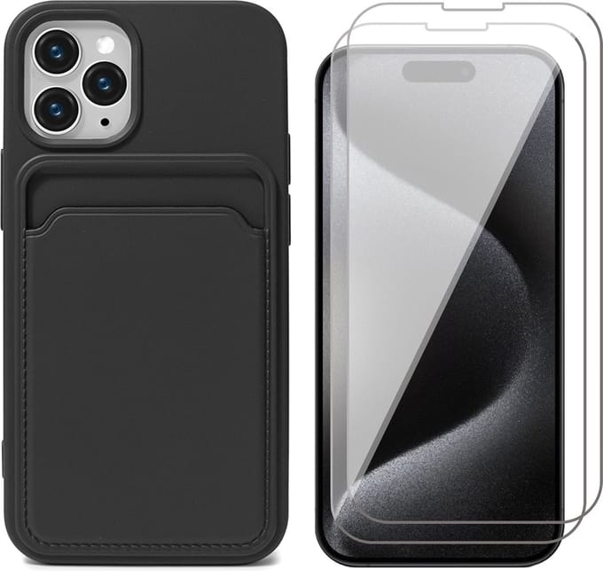 Hoesje Pasjeshouder geschikt voor iPhone 15 Pro Max - 2x Screenprotector GlassGuard - Siliconen Case Back Cover Zwart & Screen Protector