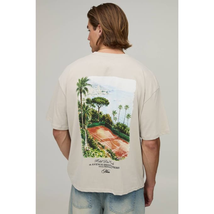 Oversized Boxy Heren Script Tennisbaan Print T-shirt | Stone | Size Small