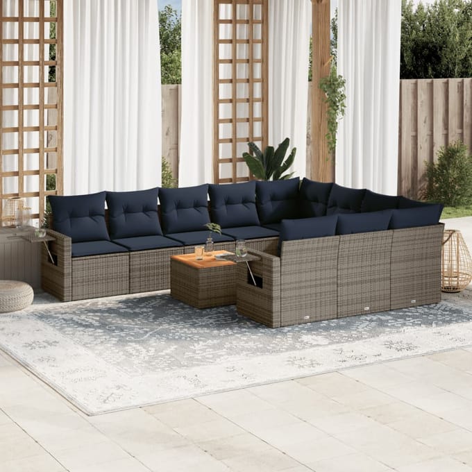 vidaXL - 11-delige - tuinbankset - met - kussens, - grijs - polyrotan