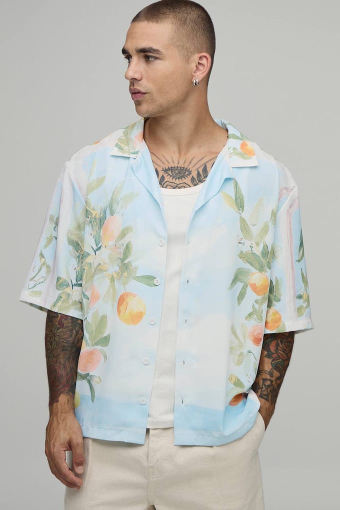 Oversized Boxy Overhemd Met Sinaasappelprint | Blue | Size Medium