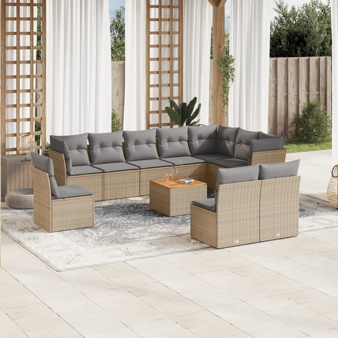 vidaXL - 11-delige - Loungeset - met - kussens - poly - rattan - gemengd - beige