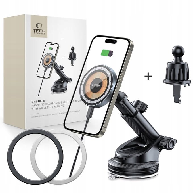 Tech-Protect MM15W MagSafe Car Mount with 15W Induction Charger for Air Vent and Dashboard - Black