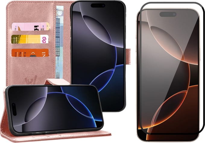 Hoesje geschikt voor iPhone 16 Pro Max - Screenprotector Volledig Dekkend Glas - Portemonnee Book Case Rosegoud