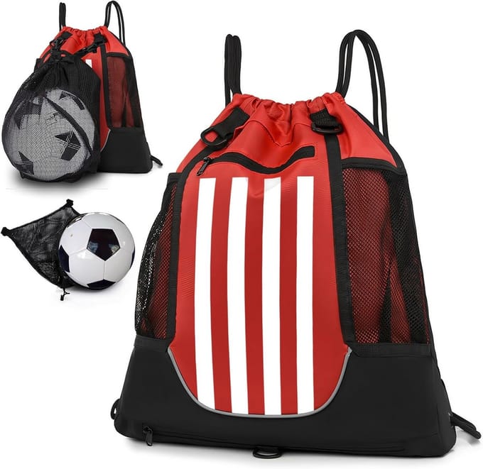 Omvouwbare sportrugzak met afneembare netbaltas - rood wit gestreept