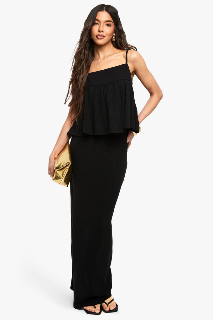 boohoo Dames Linnen Look Peplum Cami | Black | Maat: 6