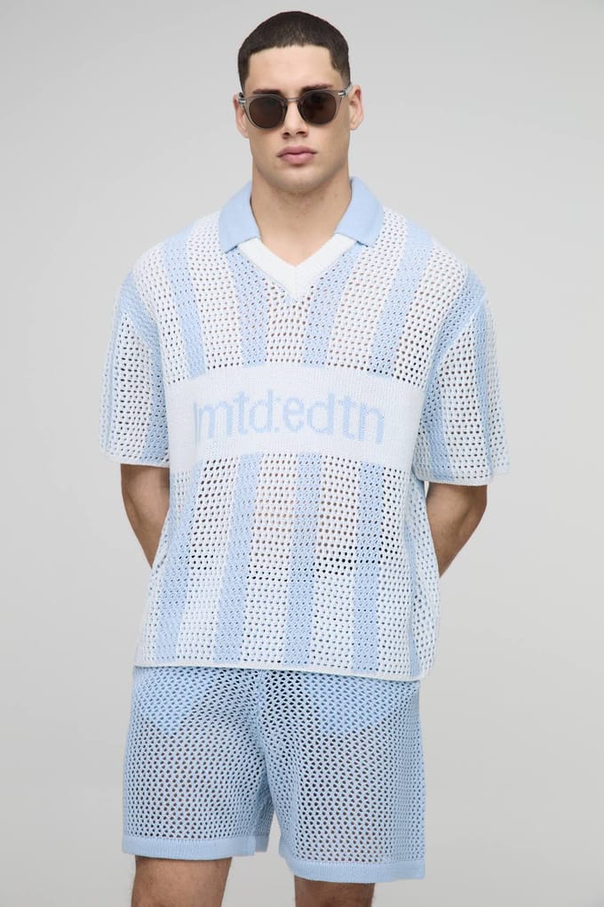 Regular Fit Open Stitch Stripe Football V-hals Gebreide Korte Set | Light Blue | Size Medium