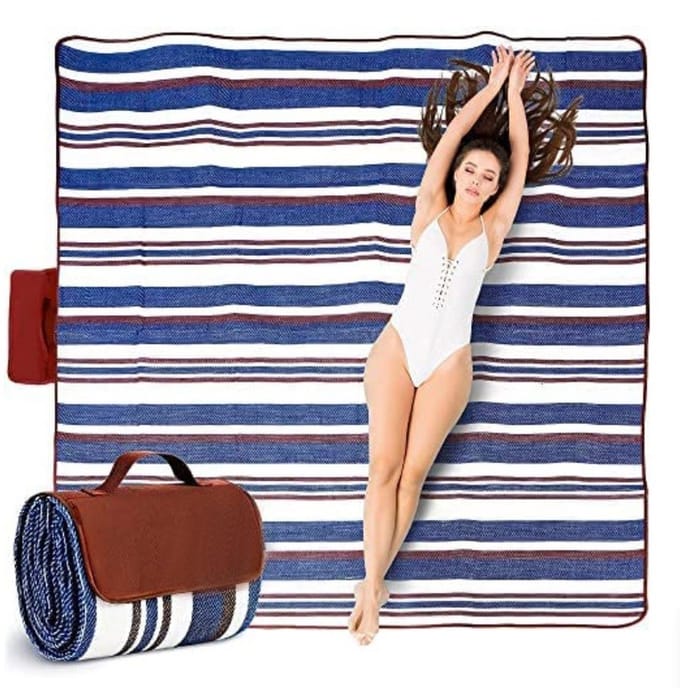 Zandbestendige Strand Picknickmat - 150x200 cm - Waterdicht - Blauw Wit Bruin Gestreept - Picknickkleed