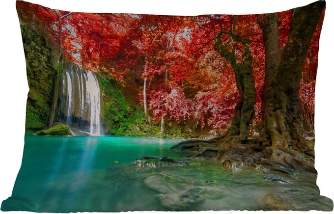 Buitenkussens - Tuin - Waterval - boom - Rood - Herfst - Water - 50x30 cm
