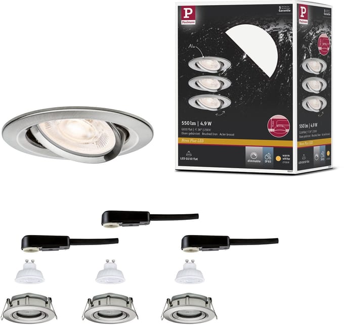 LED-inbouwlamp Nova Plus GU10 Flat IP65 93 mm 3x4,9W 3x550lm 230V dimbaar 2700K Staal geborsteld